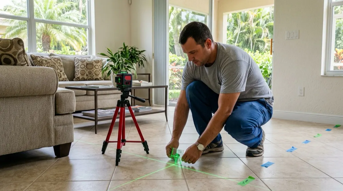Checking floor elevations during a foundation inspection