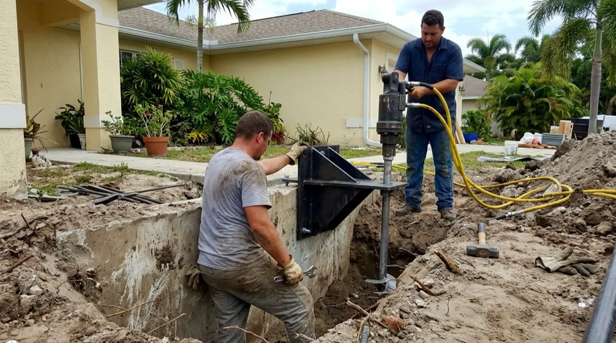 Setting a helical pier bracket under the footing